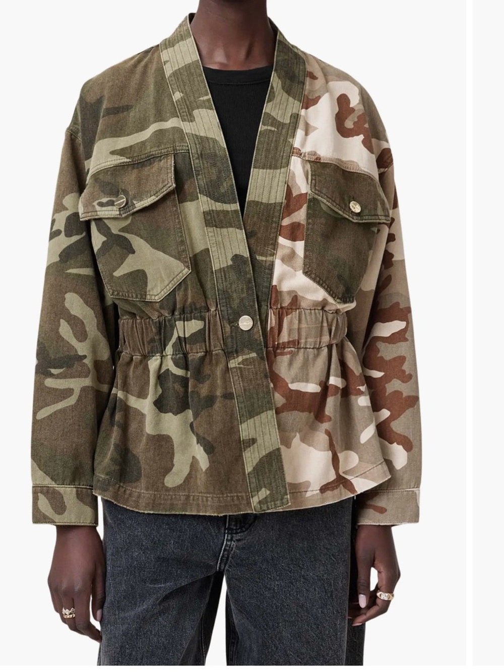 AllSaints Two-Tone Camouflage Drawstring Field Jacket - Green/Brown/Cream